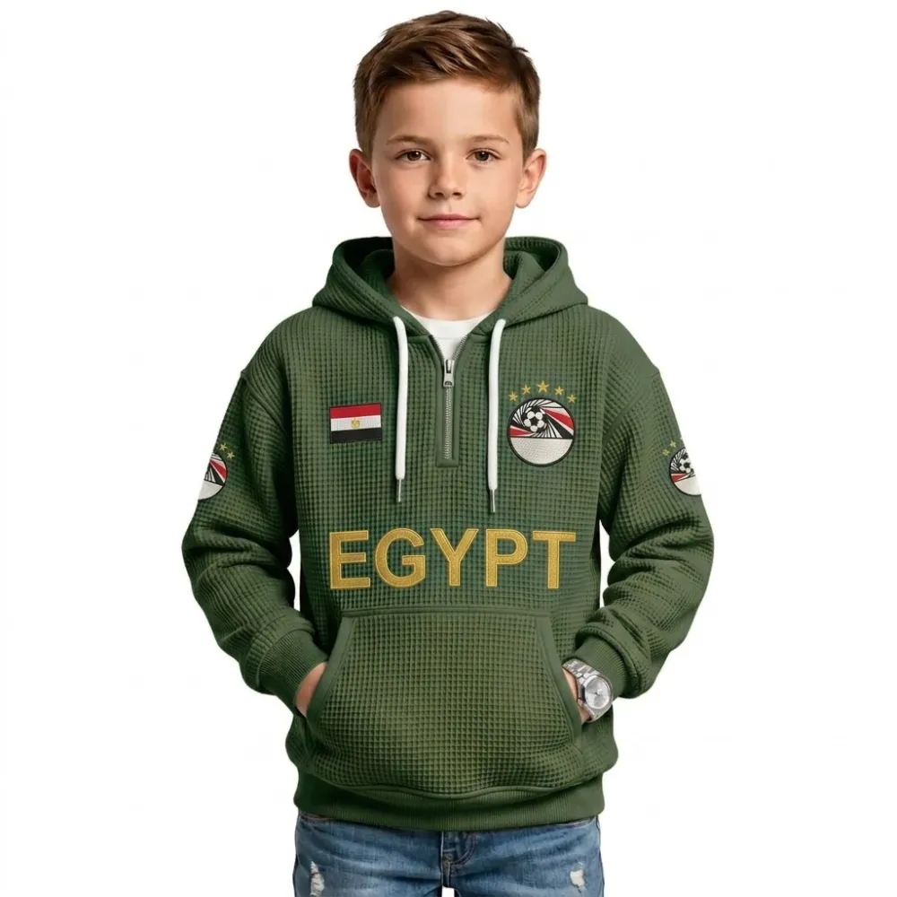 Egypt Printed Waffle Quarter Zip Football Fan Hoodie For Kids