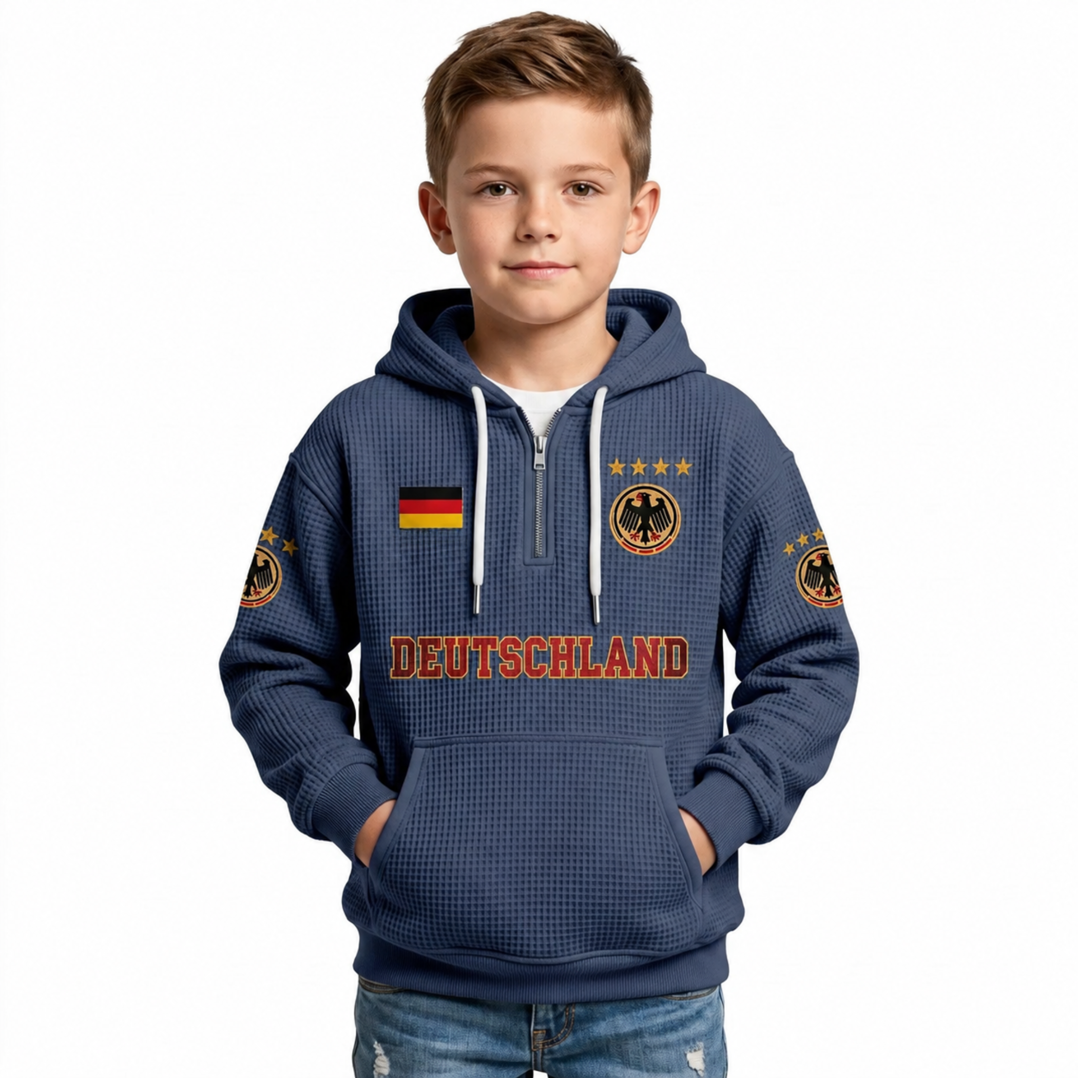 Germany Printed Waffle Quarter Zip Football Fan Hoodie For Kids