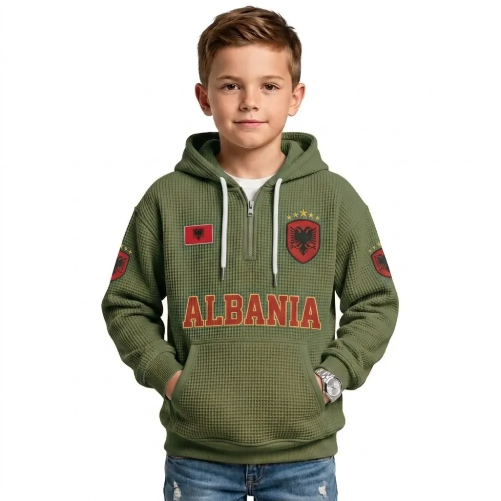 Albania Printed Waffle Quarter Zip Football Fan Hoodie For Kids