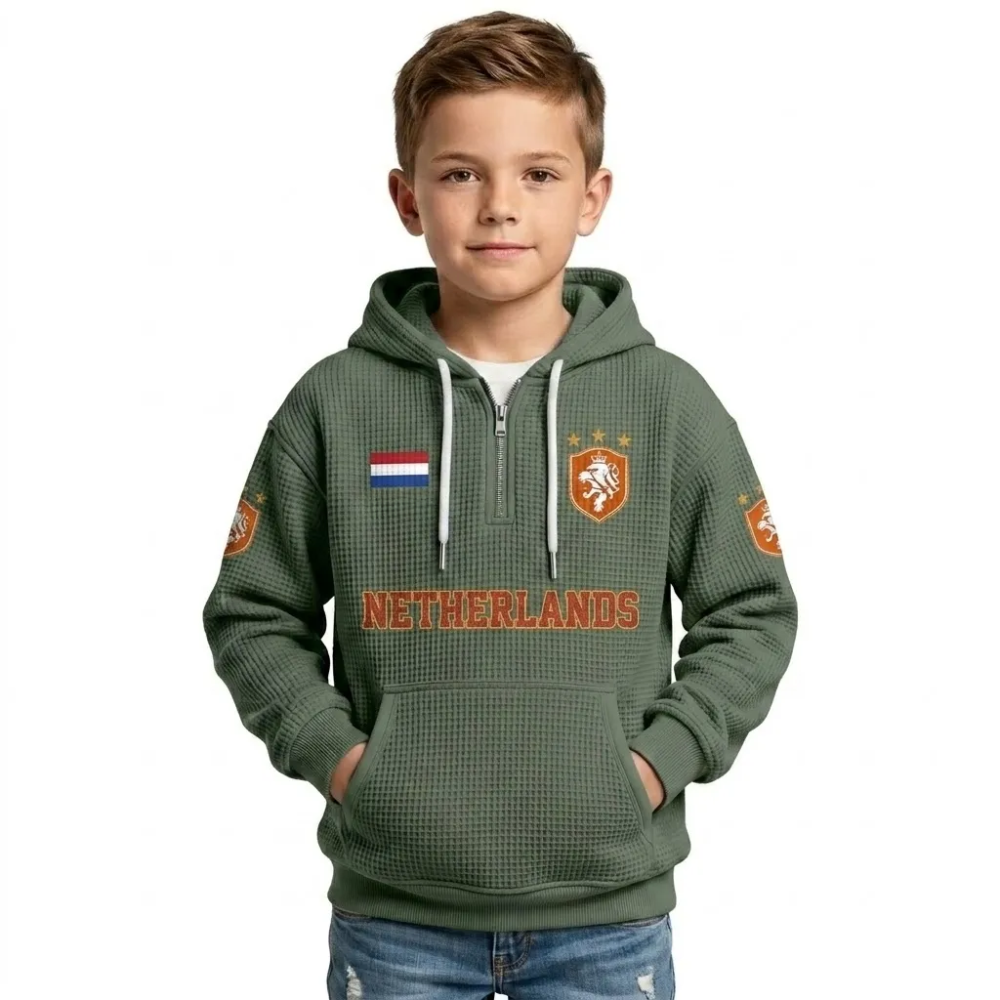 Netherlands Printed Waffle Quarter Zip Football Fan Hoodie For Kids