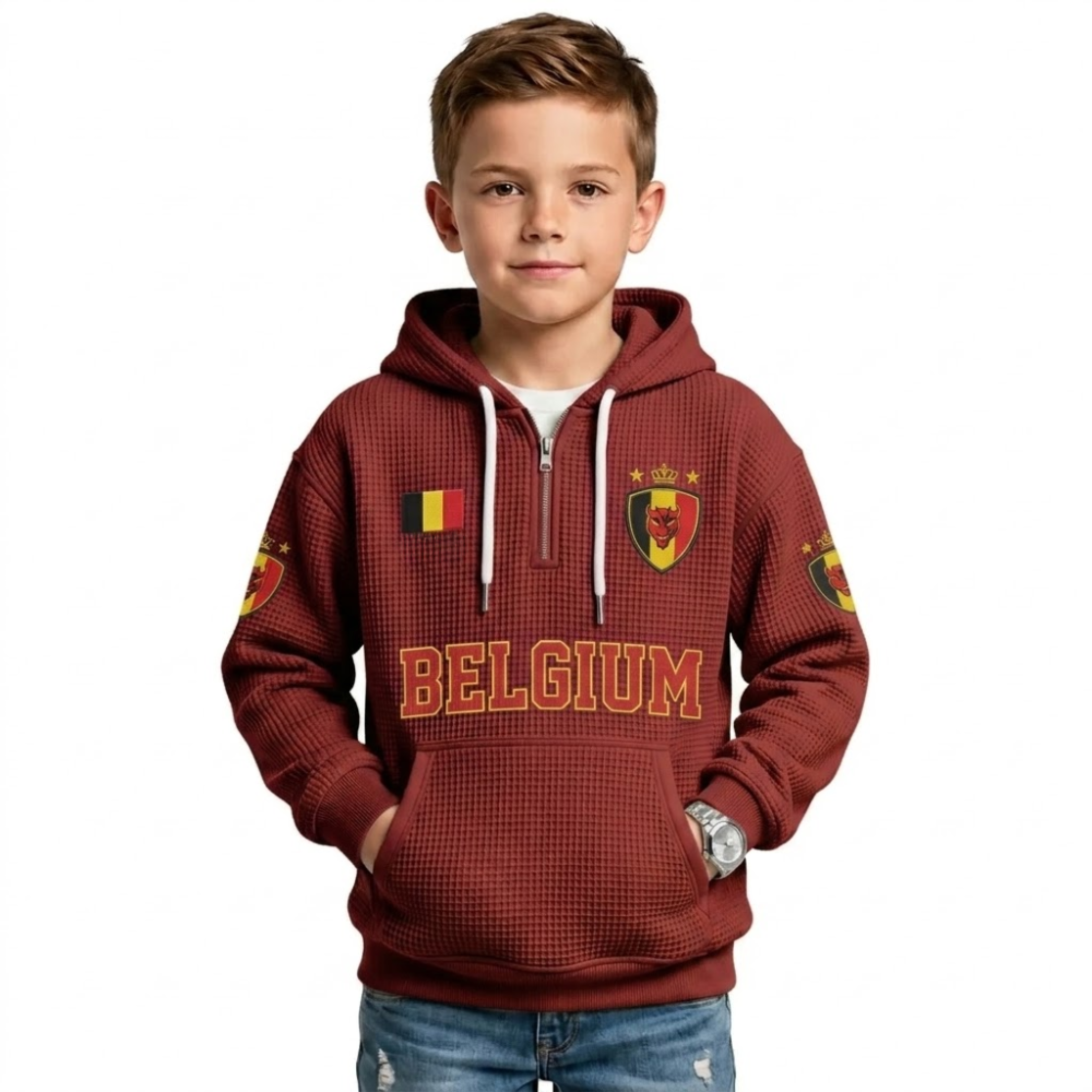 Belgium Printed Waffle Quarter Zip Football Fan Hoodie For Kids