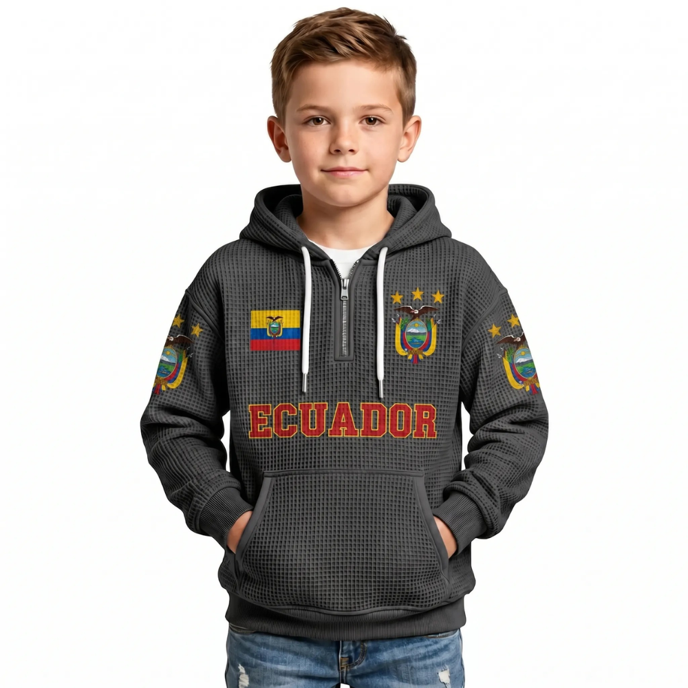Ecuador Printed Waffle Quarter Zip Football Fan Hoodie For Kids
