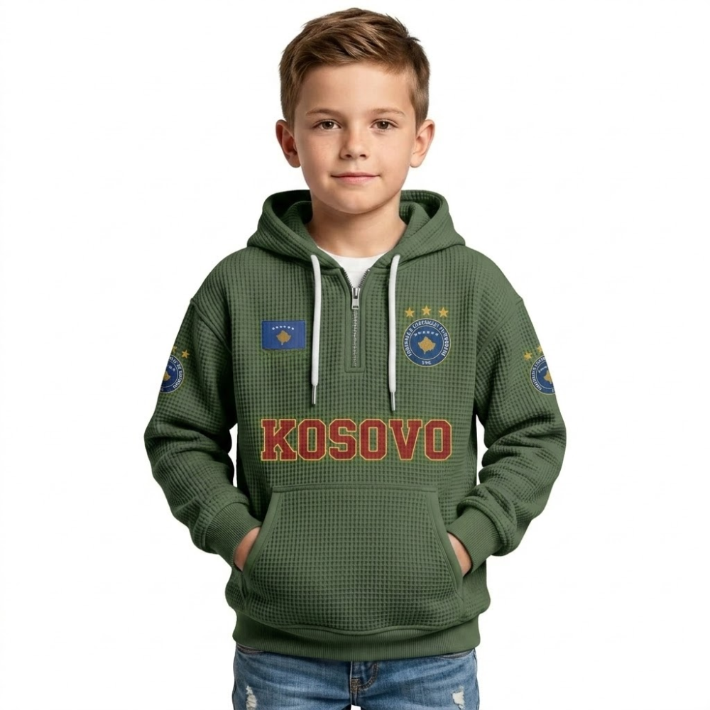 Kosovo Printed Waffle Quarter Zip Football Fan Hoodie For Kids