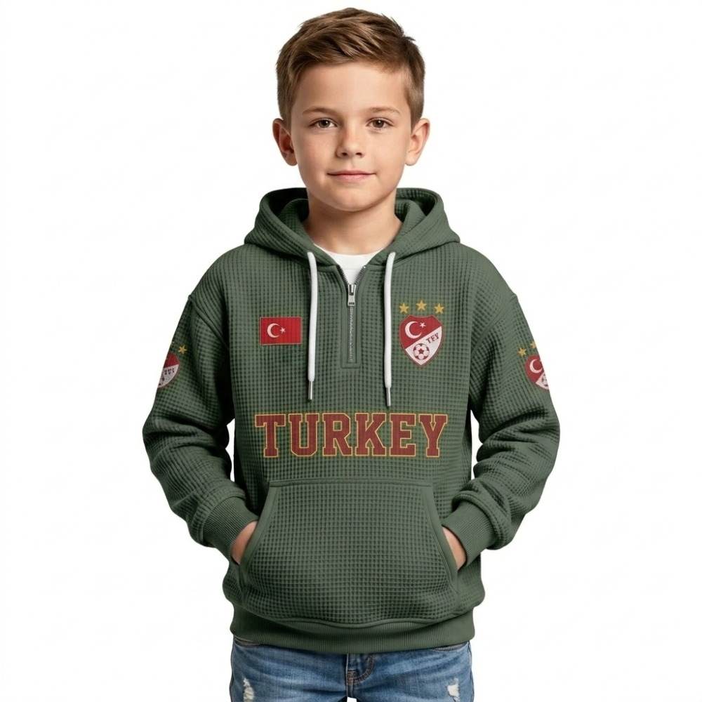 Turkey Printed Waffle Quarter Zip Football Fan Hoodie For Kids