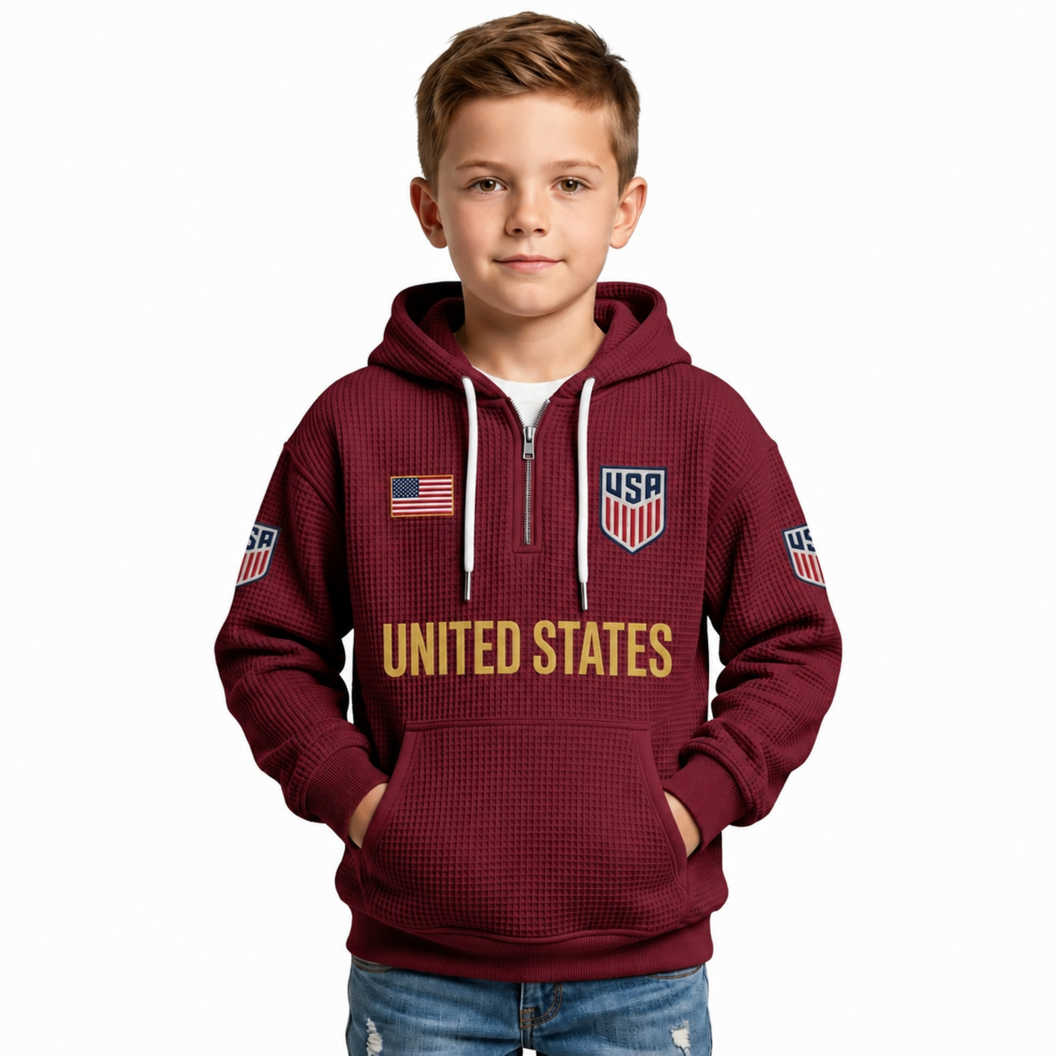 United States Printed Waffle Quarter Zip Football Fan Hoodie For Kids
