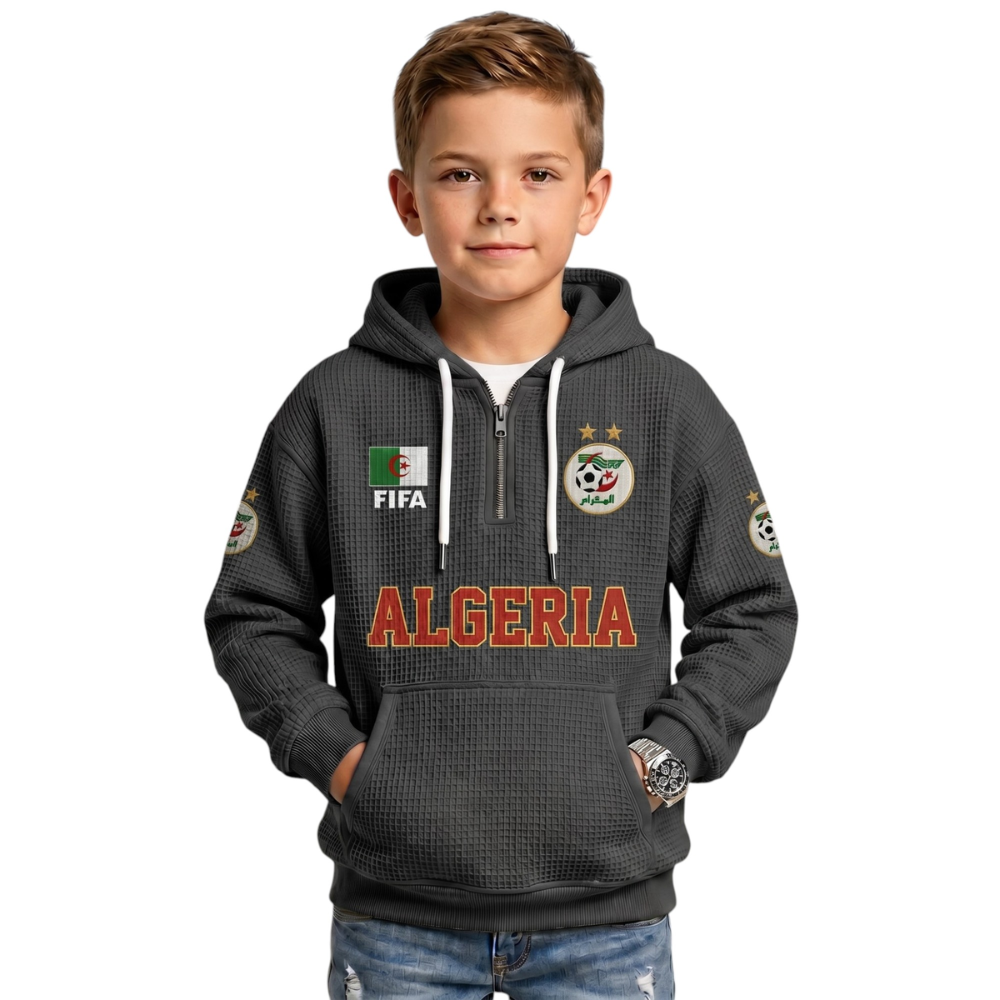 Algeria Printed Waffle Quarter Zip Football Fan Hoodie For Kids