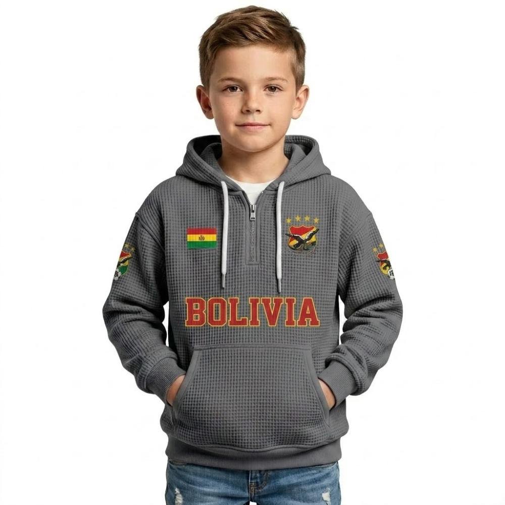 Bolivia Printed Waffle Quarter Zip Football Fan Hoodie For Kids