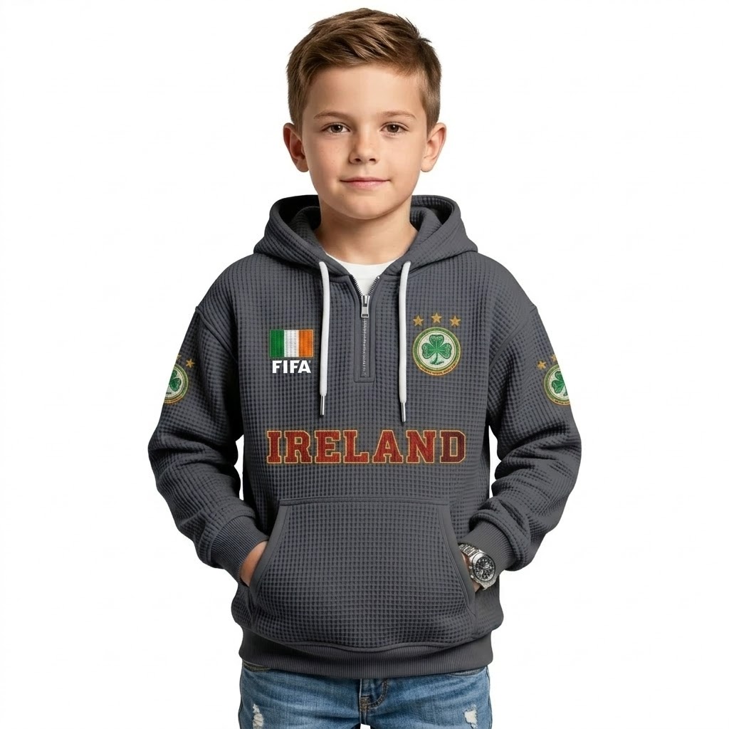 FIFA 2026 Ireland Printed Waffle Quarter Zip Football Fan Hoodie For Kids
