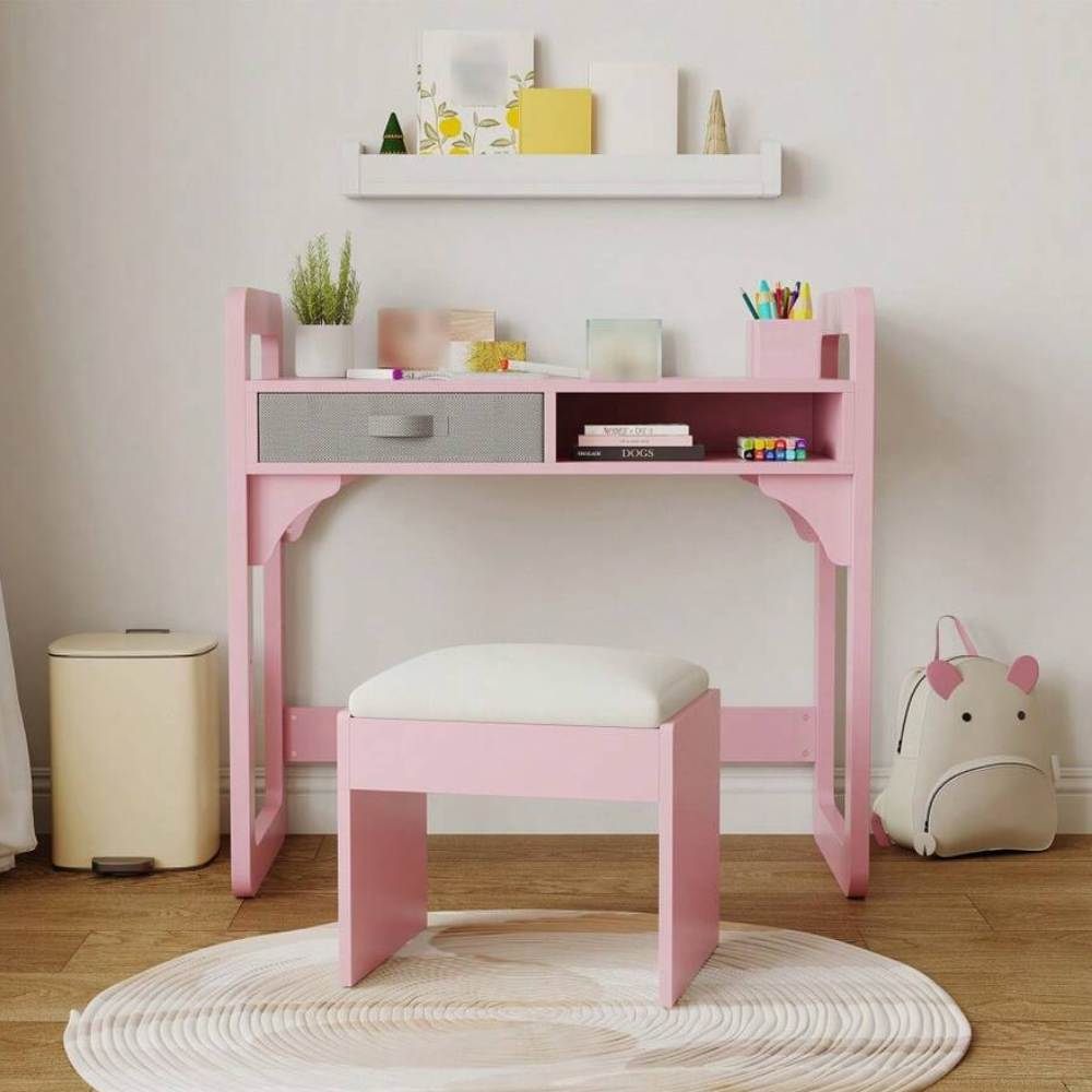 Kids Study Desk And Chair Set With Storage Drawer Soft Stool
