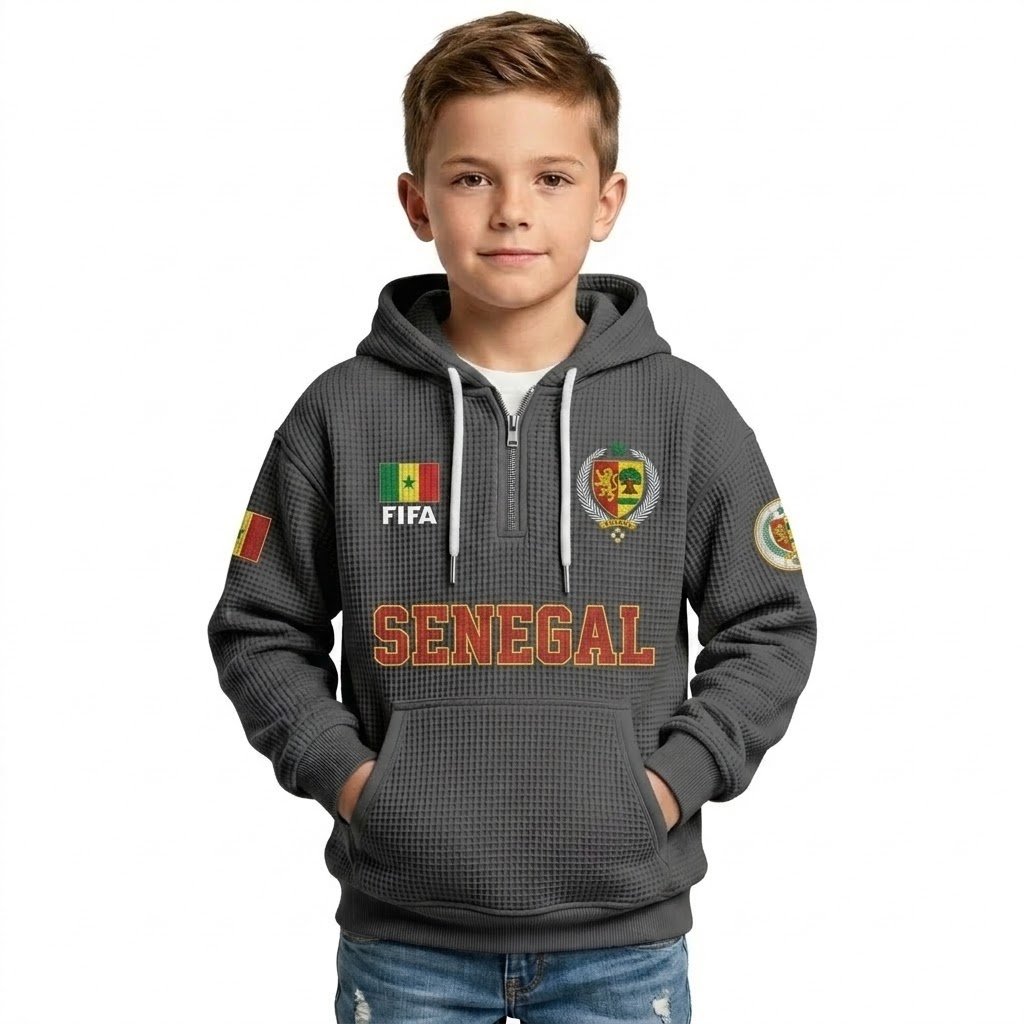 FIFA 2026 Senegal Printed Waffle Quarter Zip Football Fan Hoodie For Kids