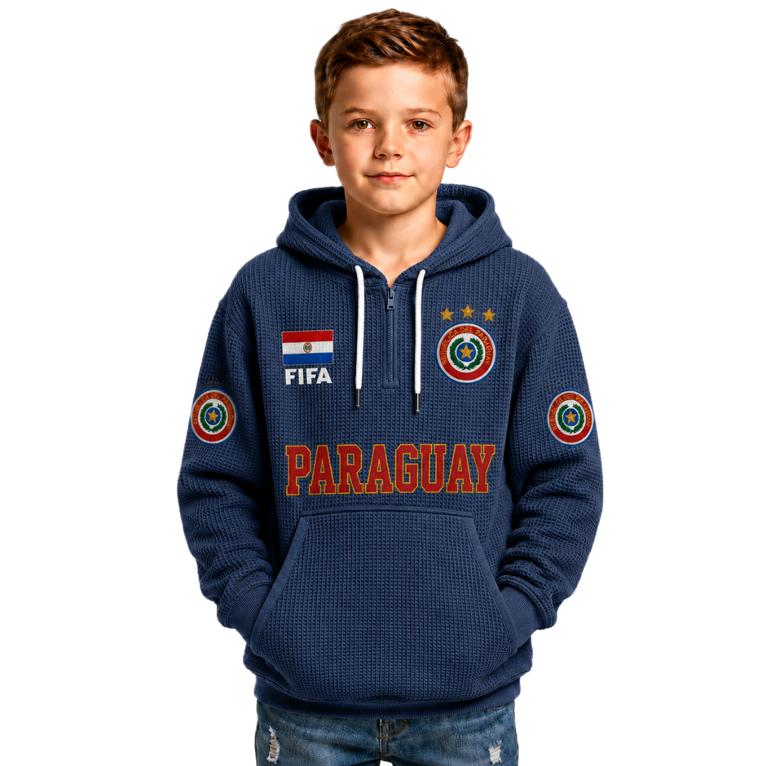 FIFA 2026 Paraguay Printed Waffle Quarter Zip Football Fan Hoodie For Kids