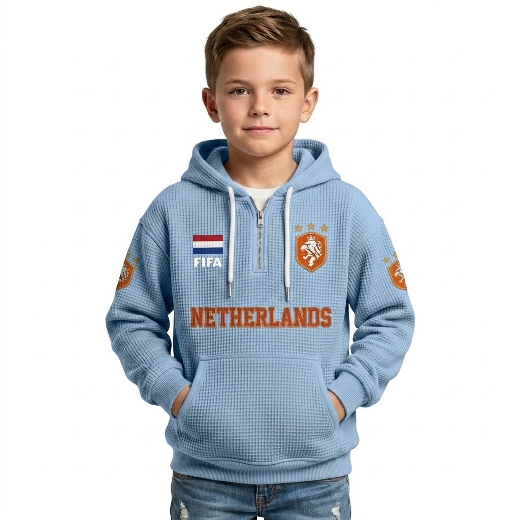 FIFA 2026 Netherlands Printed Waffle Quarter Zip Football Fan Hoodie For Kids