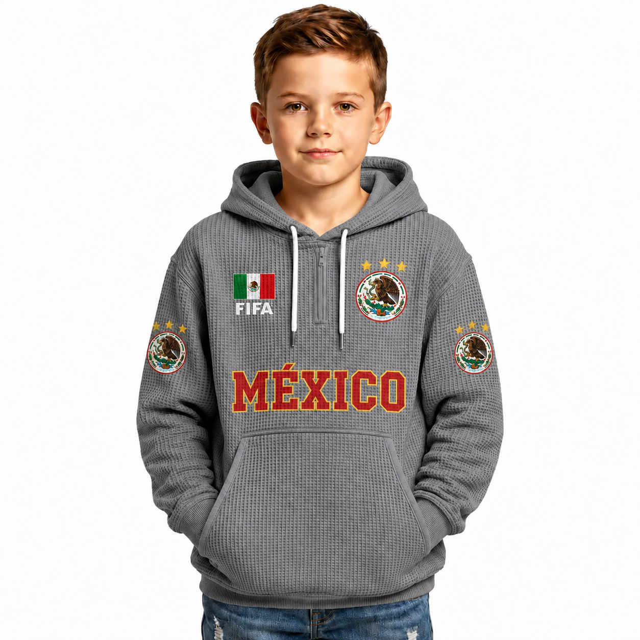 FIFA 2026 Mexico Printed Waffle Quarter Zip Football Fan Hoodie For Kids