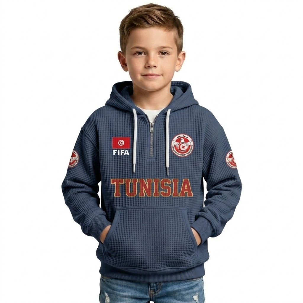 FIFA 2026 Tunisia Printed Waffle Quarter Zip Football Fan Hoodie For Kids