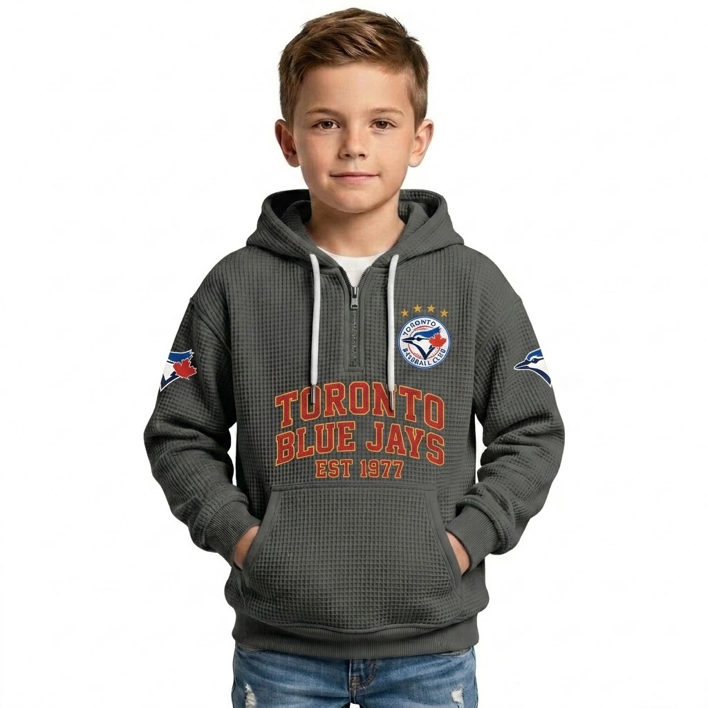 Toronto Blue Jays EST 1977 Printed Waffle Quarter Zip Baseball Fan Hoodie For Kids