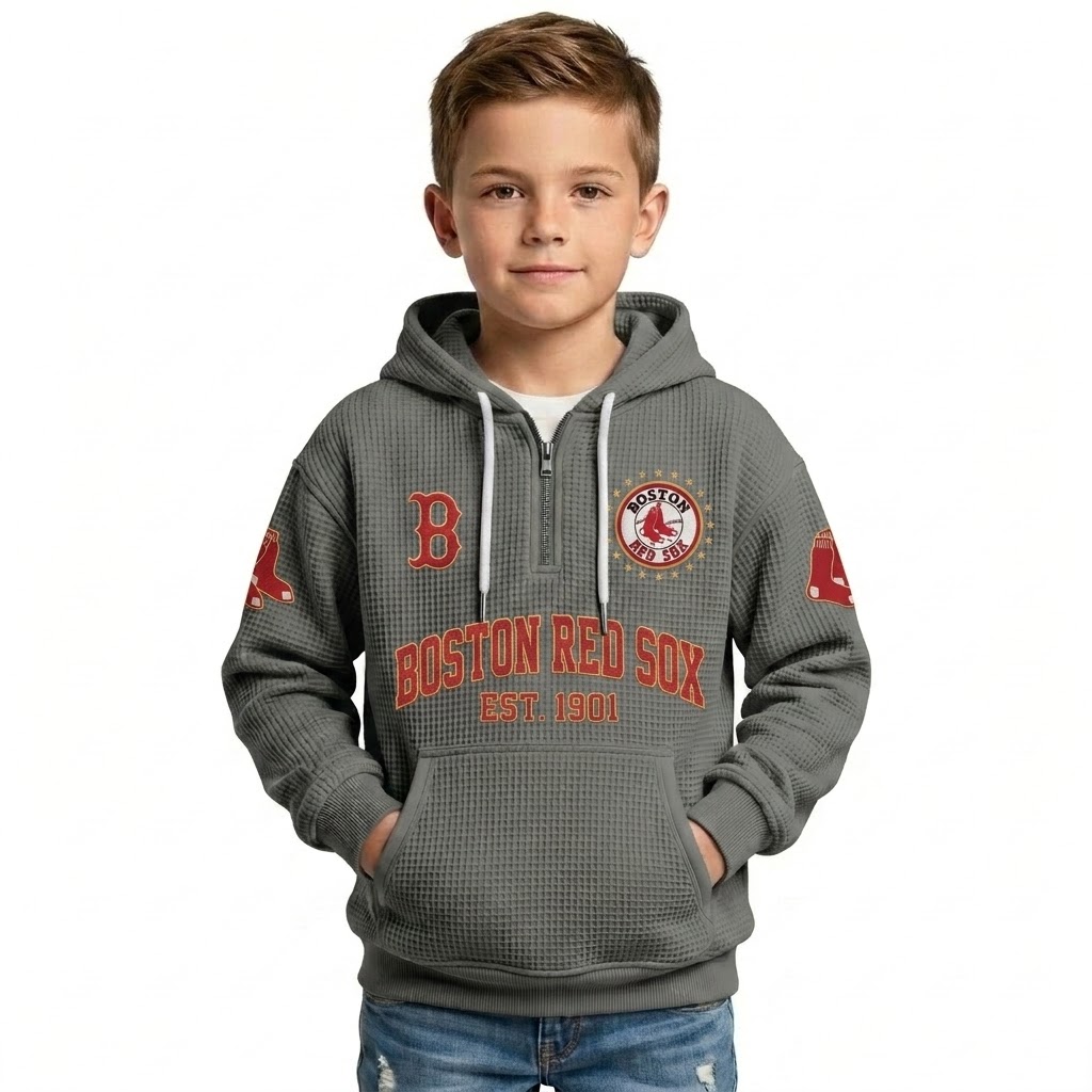 Boston Red Sox EST 1901 Printed Waffle Quarter Zip Baseball Fan Hoodie For Kids