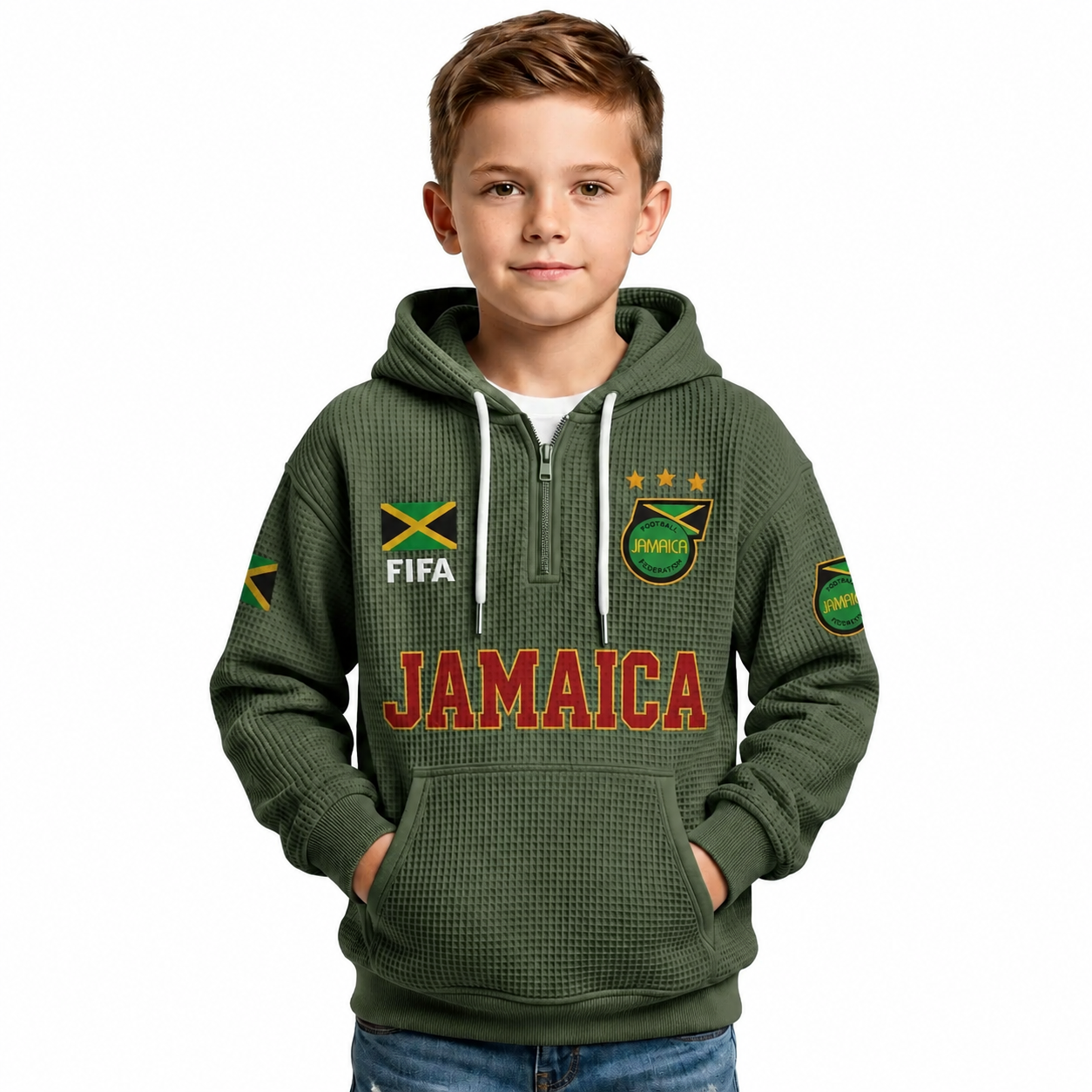 FIFA 2026 Jamaica Printed Waffle Quarter Zip Football Fan Hoodie For Kids