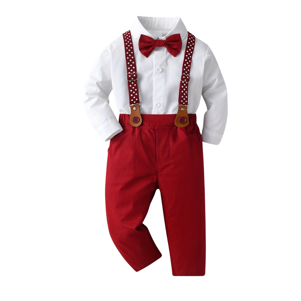Two Piece Outfit With Bow Tie And Suspenders For Boys