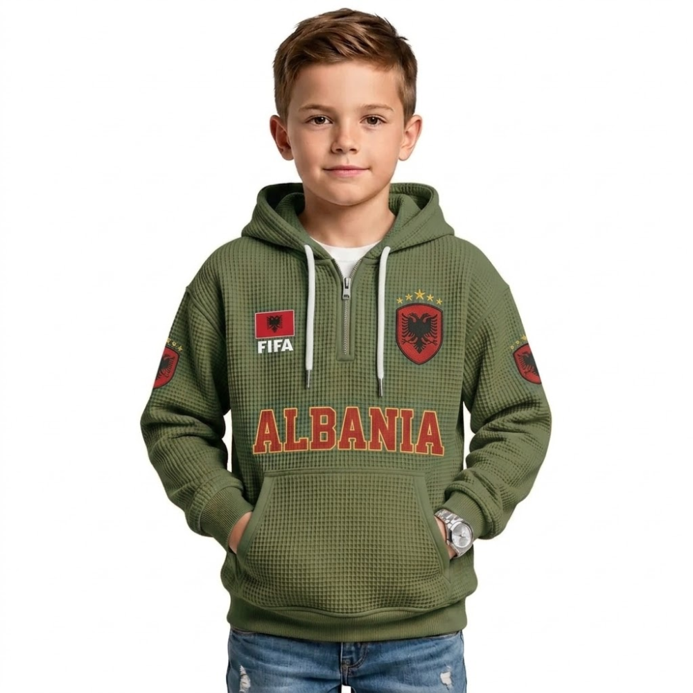 FIFA 2026 Albania Printed Waffle Quarter Zip Football Fan Hoodie For Kids