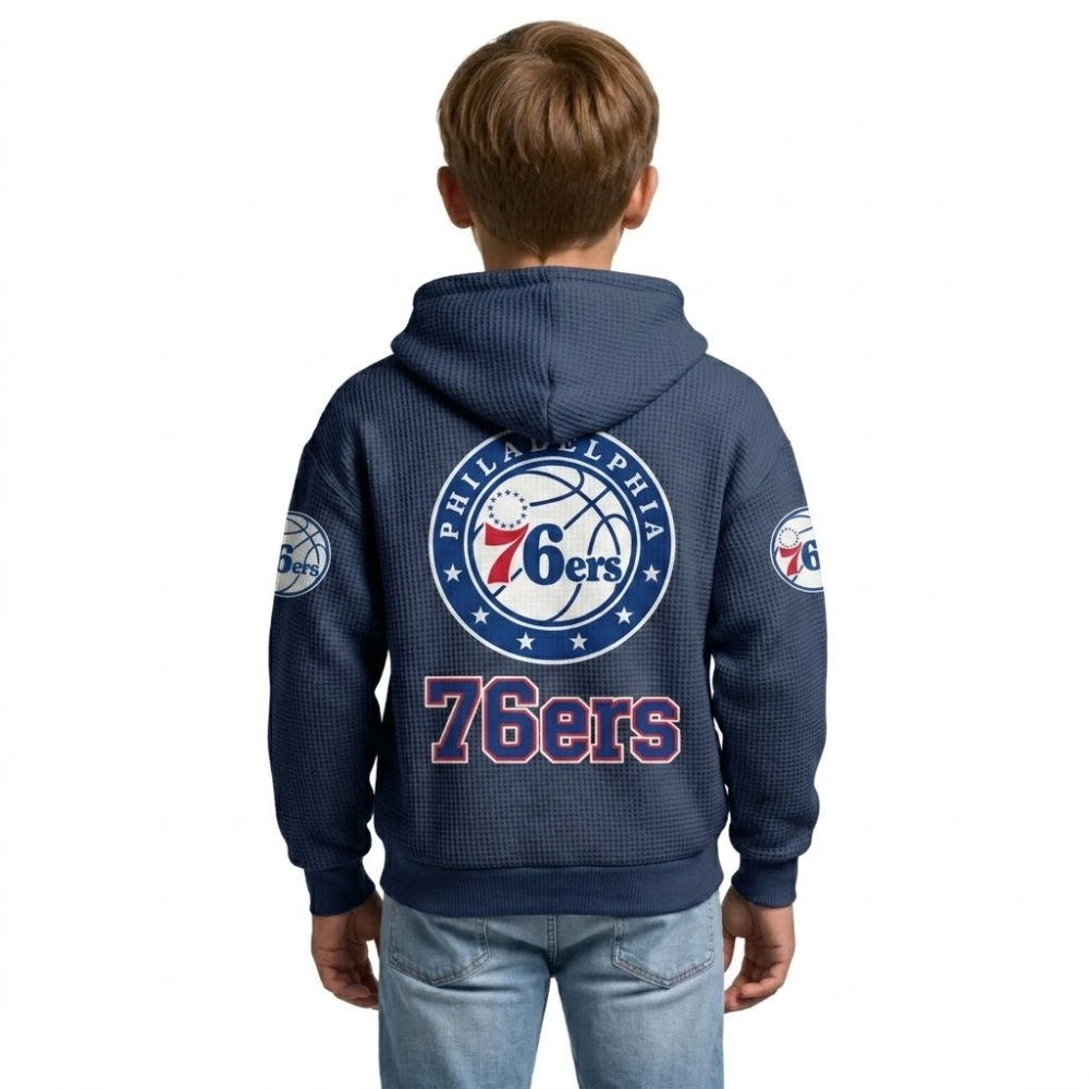 Philadelphia 76ers EST 1946 Printed Waffle Quarter Zip Basketball Fan Hoodie For Kids
