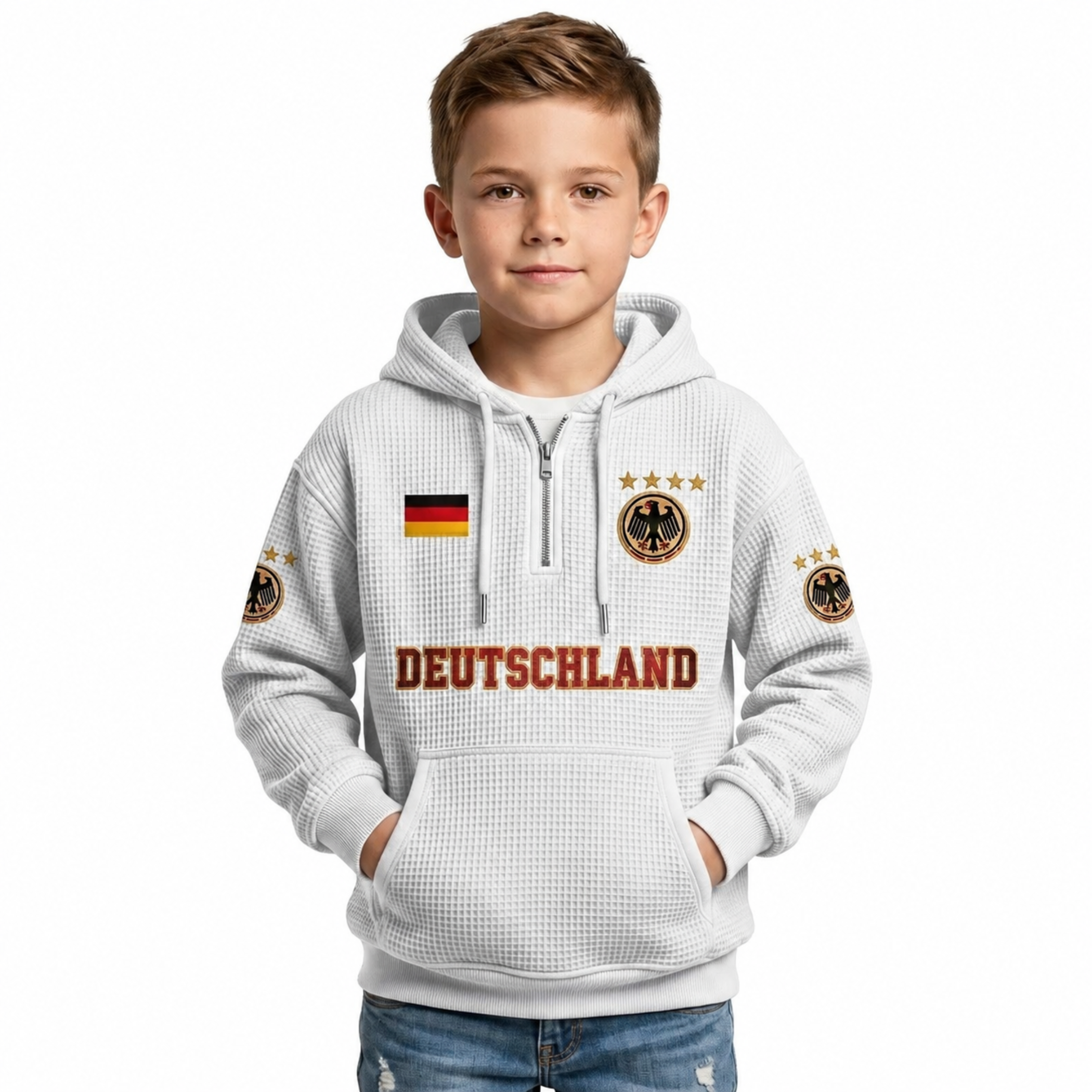 Germany Printed Waffle Quarter Zip Football Fan Hoodie For Kids