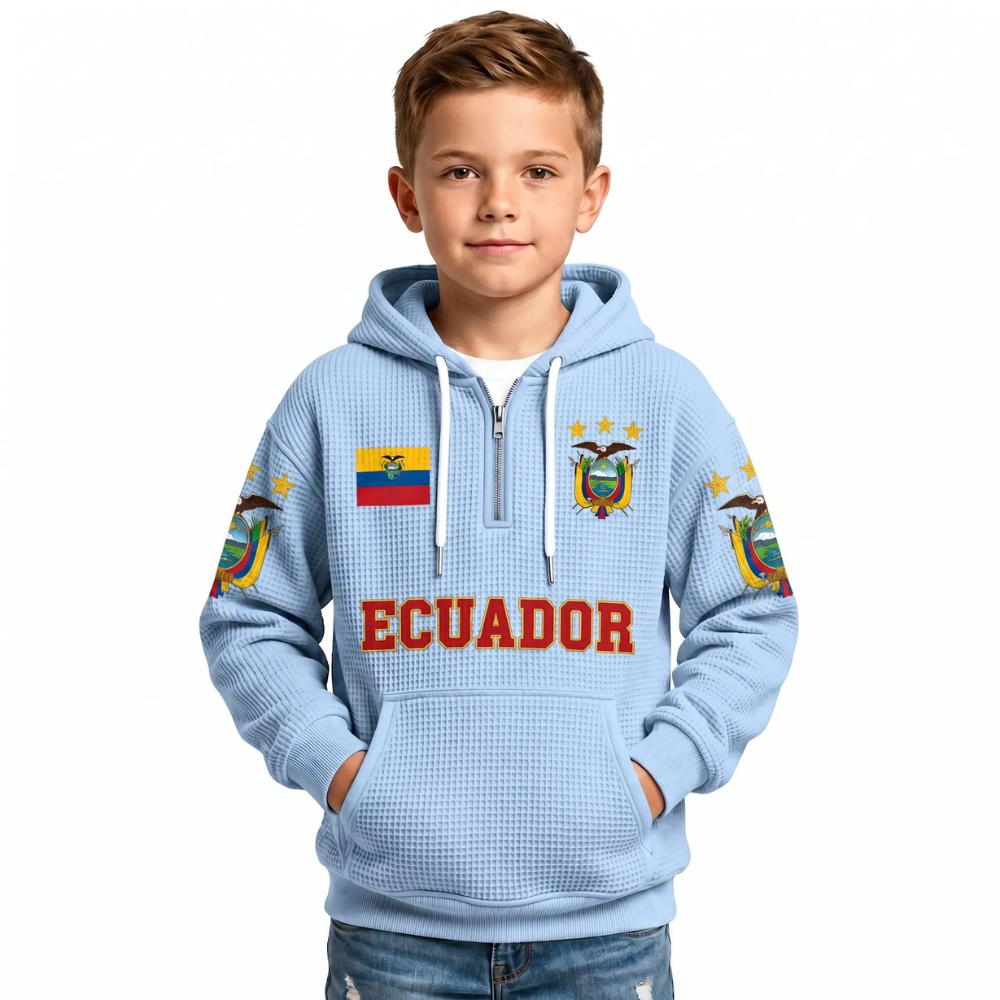 Ecuador Printed Waffle Quarter Zip Football Fan Hoodie For Kids