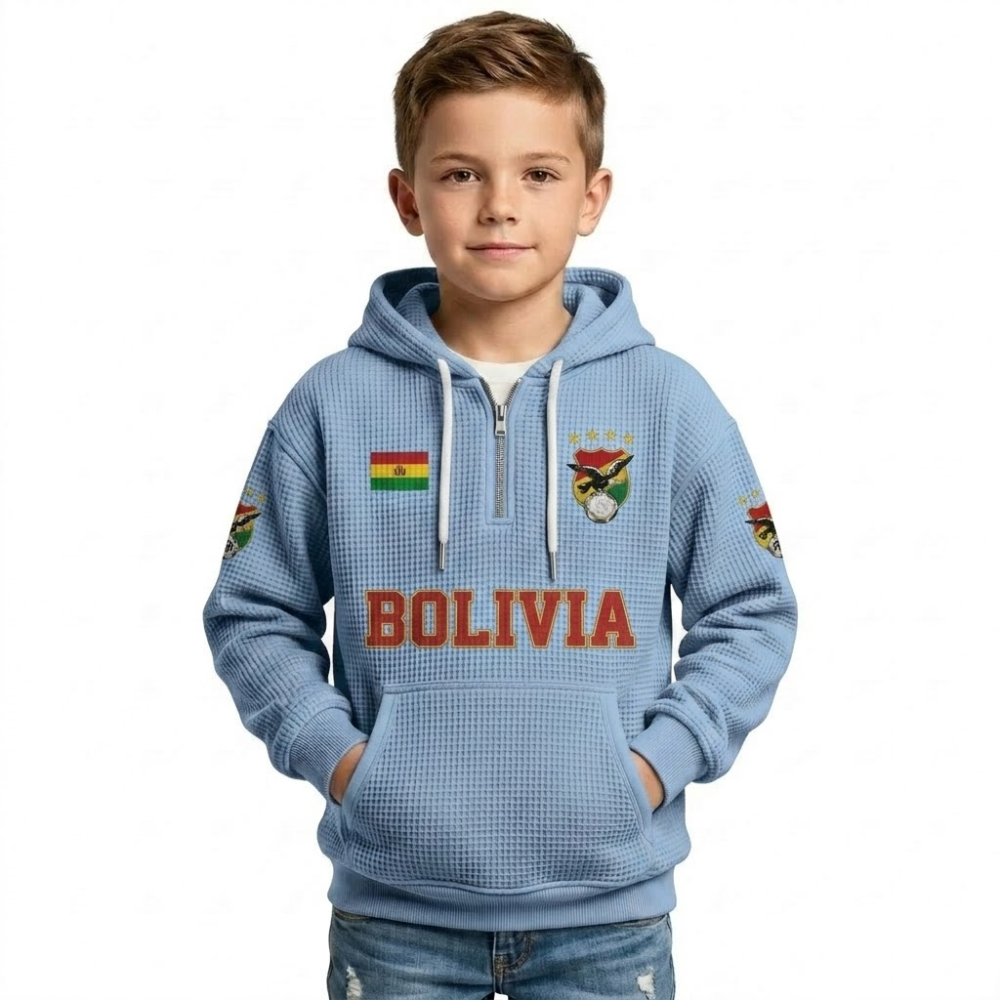 Bolivia Printed Waffle Quarter Zip Football Fan Hoodie For Kids