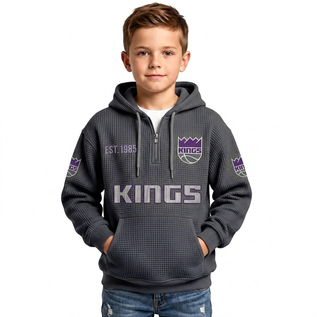 Sacramento Kings EST 1948 Printed Waffle Quarter Zip Basketball Fan Hoodie For Kids