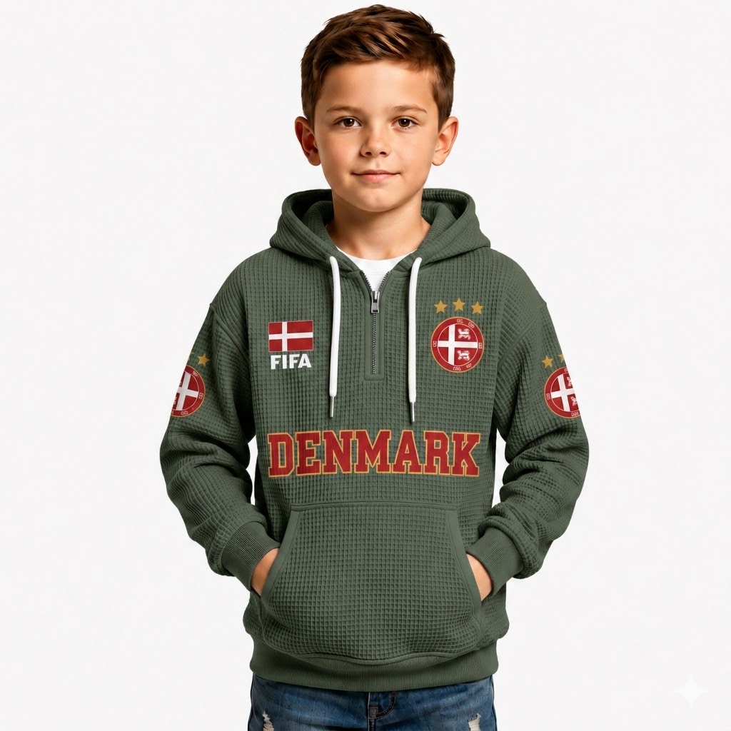 FIFA 2026 Denmark Printed Waffle Quarter Zip Football Fan Hoodie For Kids