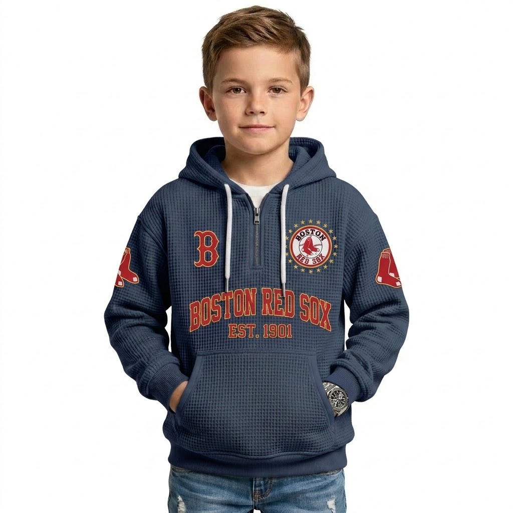 Boston Red Sox EST 1901 Printed Waffle Quarter Zip Baseball Fan Hoodie For Kids