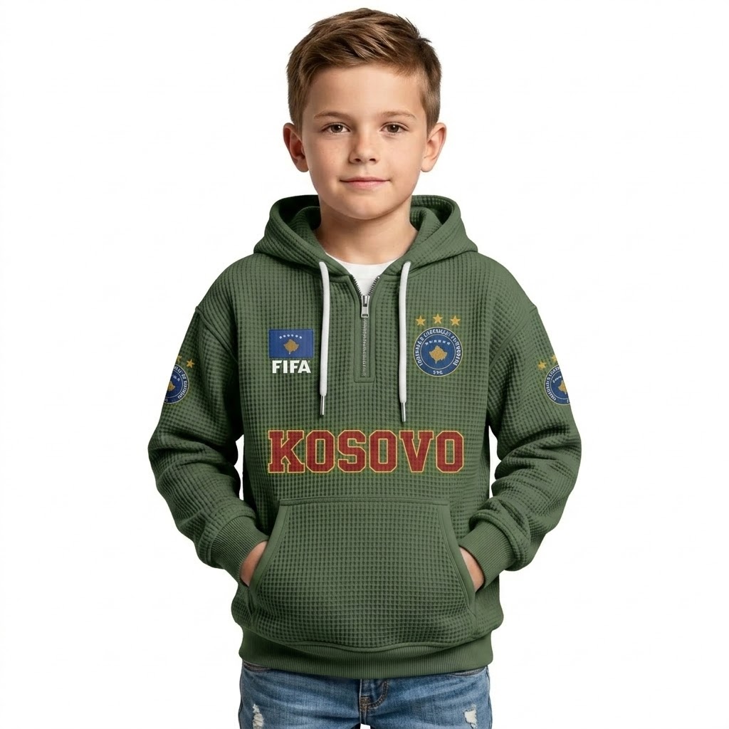 FIFA 2026 Kosovo Printed Waffle Quarter Zip Football Fan Hoodie For Kids