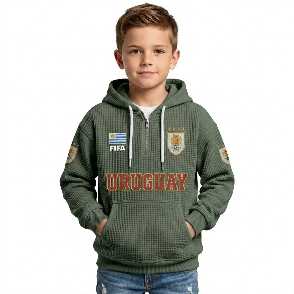 FIFA 2026 Uruguay Printed Waffle Quarter Zip Football Fan Hoodie For Kids