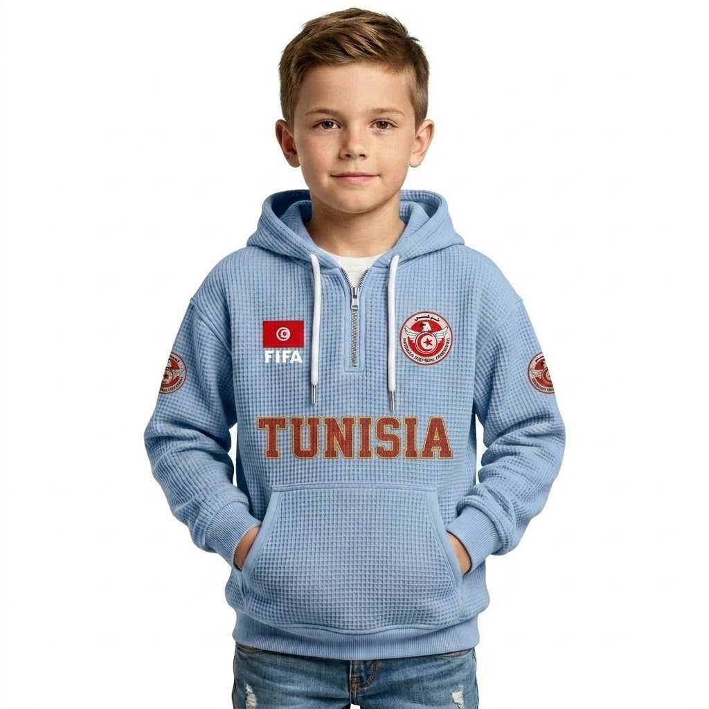 FIFA 2026 Tunisia Printed Waffle Quarter Zip Football Fan Hoodie For Kids