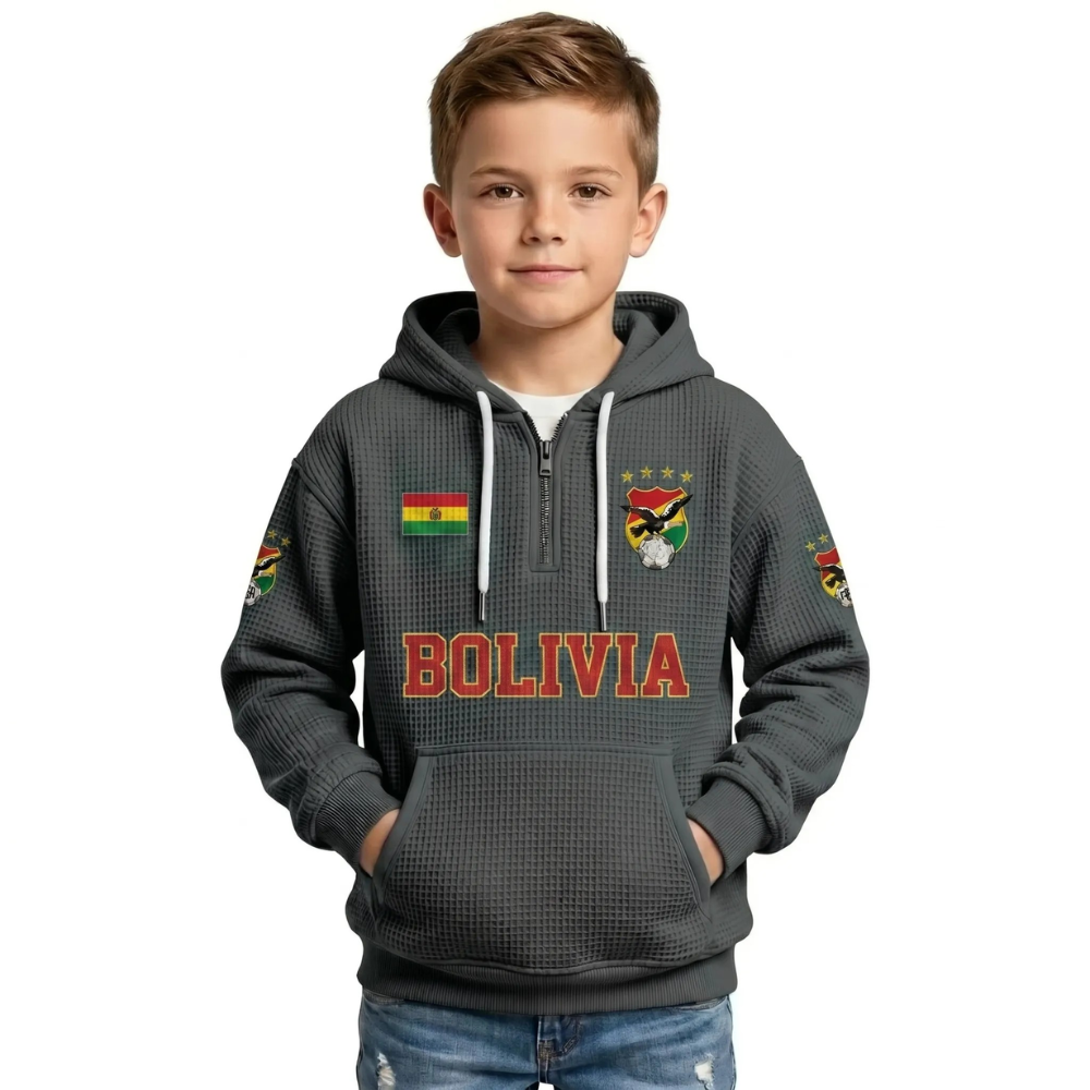 Bolivia Printed Waffle Quarter Zip Football Fan Hoodie For Kids