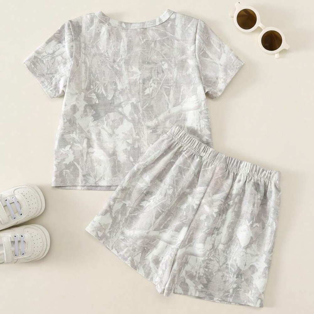 Two Piece Short Sleeve Slogan T Shirt And Camo Shorts Set For Babies