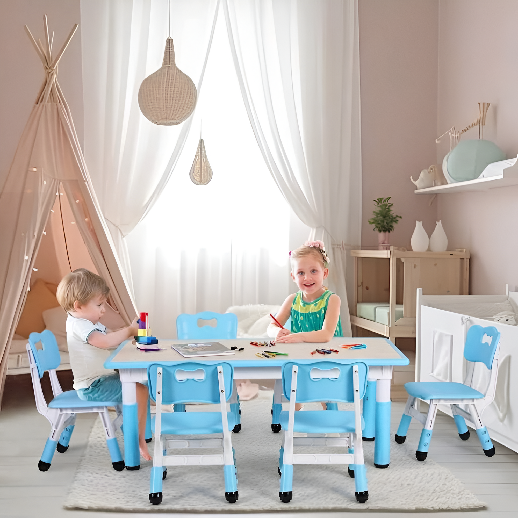 Kids Table And 6 Chairs Set Height Adjustable Table Preschool Activity Art Craft Table