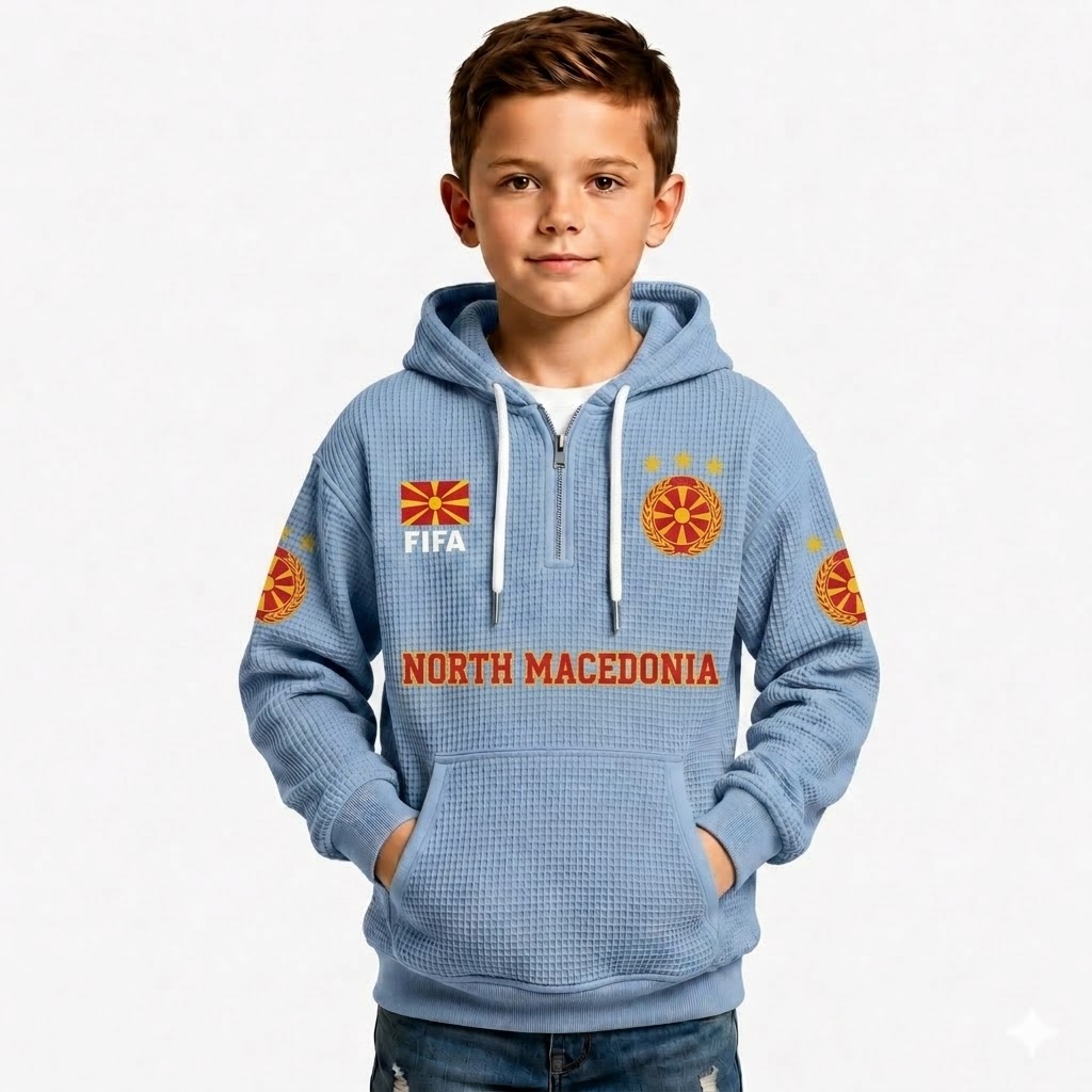 FIFA 2026 North Macedonia Printed Waffle Quarter Zip Football Fan Hoodie For Kids