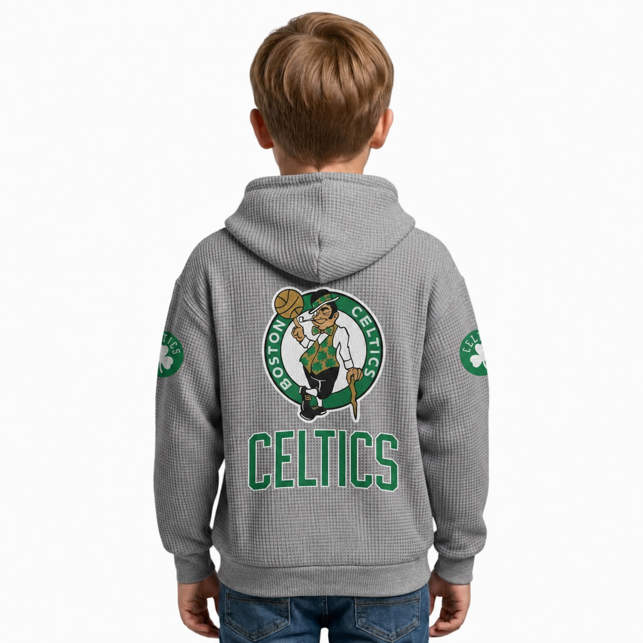 Boston Celtics EST 1946 Printed Waffle Quarter Zip Basketball Fan Hoodie For Kids