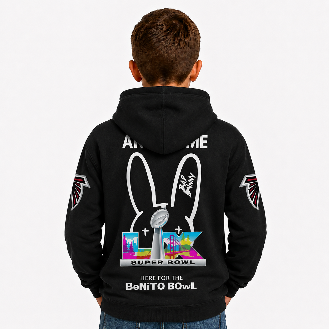 Personalized Bad Bunny Bowl LX Inspired Atlanta Falcons Football Fan Hoodie For Kids