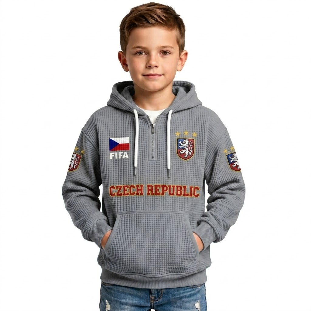 FIFA 2026 Czech Republic Printed Waffle Quarter Zip Football Fan Hoodie For Kids