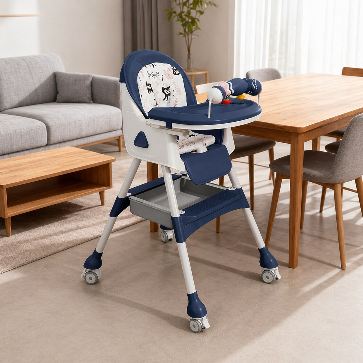 Foldable Adjustable Recline Footrest High Chair With Double Tray And Locking Wheels Gift For Kids