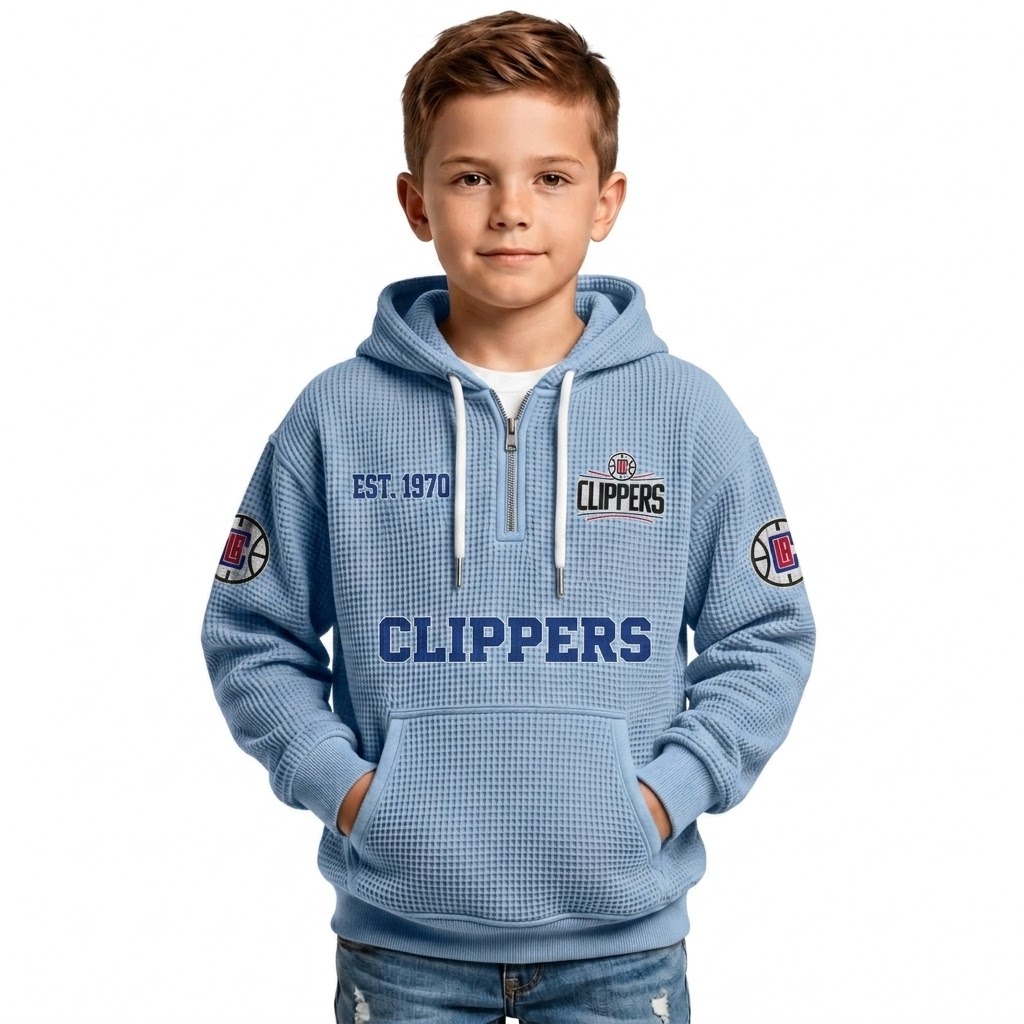 LA Clippers EST 1970 Printed Waffle Quarter Zip Basketball Fan Hoodie For Kids