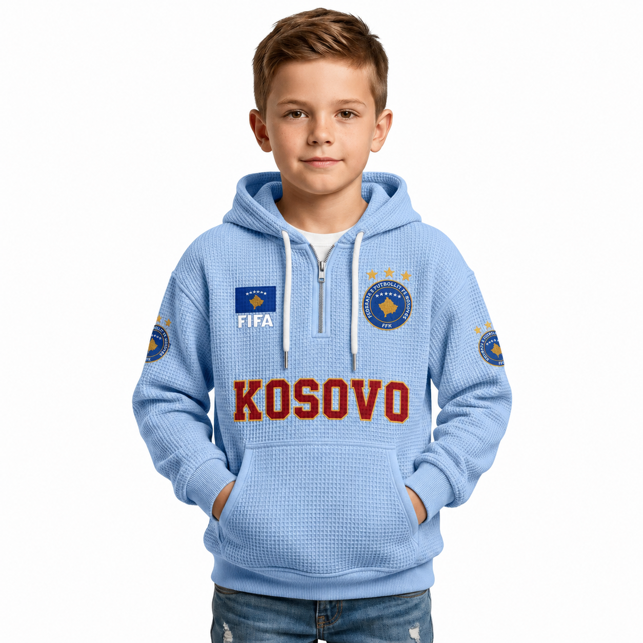 FIFA 2026 Kosovo Printed Waffle Quarter Zip Football Fan Hoodie For Kids