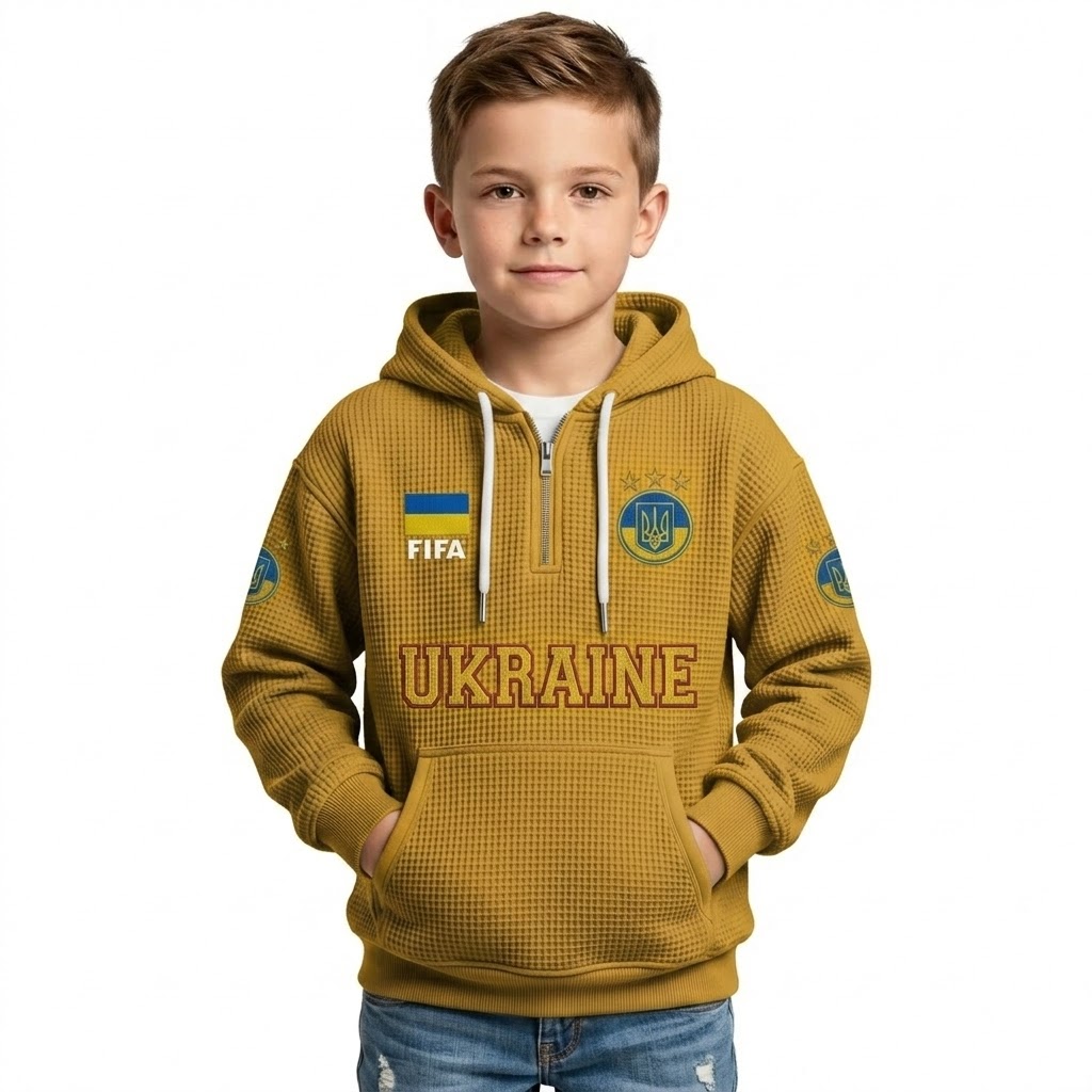 FIFA 2026 Ukraine Printed Waffle Quarter Zip Football Fan Hoodie For Kids