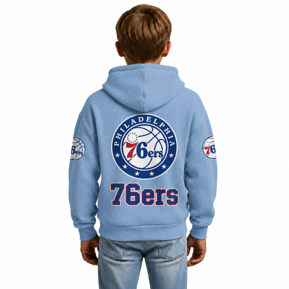 Philadelphia 76ers EST 1946 Printed Waffle Quarter Zip Basketball Fan Hoodie For Kids
