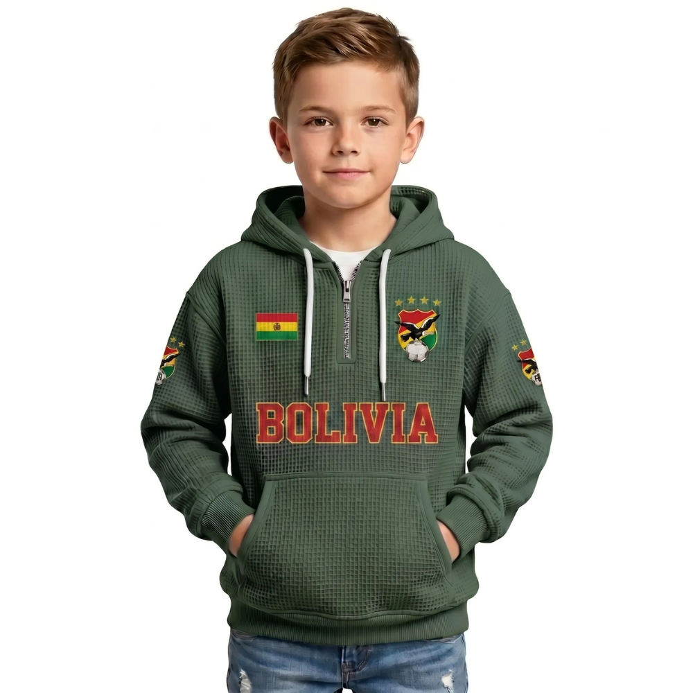 Bolivia Printed Waffle Quarter Zip Football Fan Hoodie For Kids
