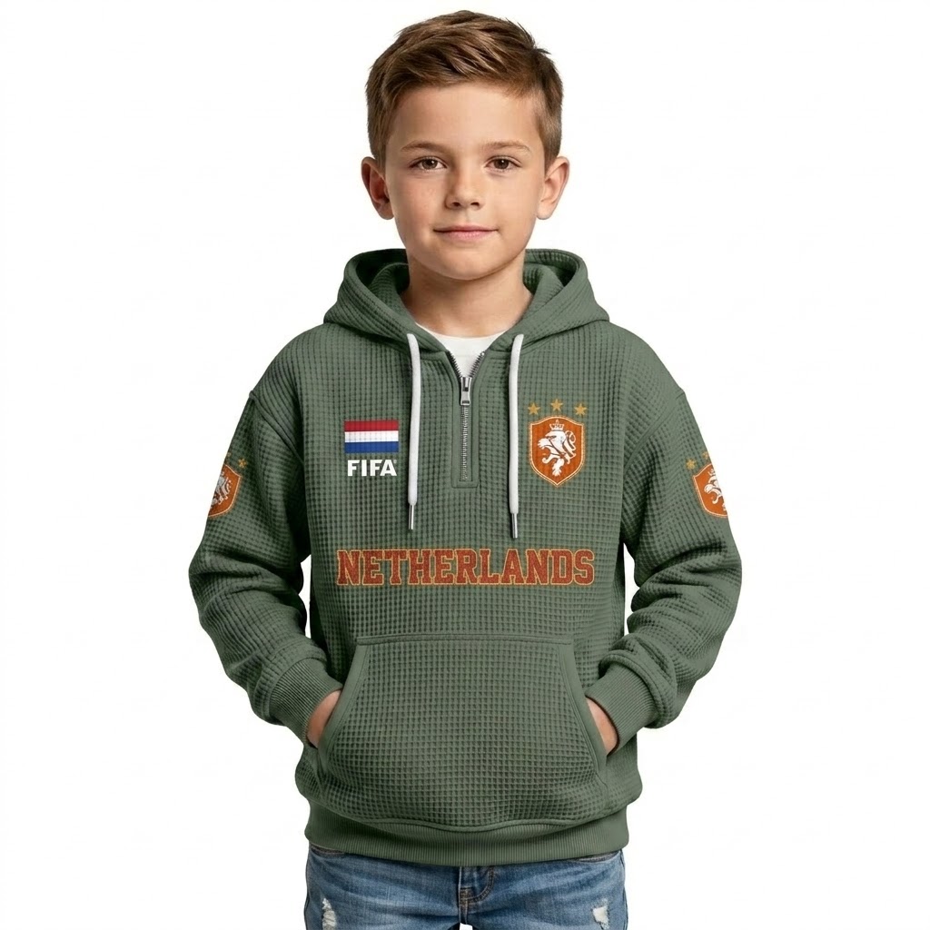 FIFA 2026 Netherlands Printed Waffle Quarter Zip Football Fan Hoodie For Kids