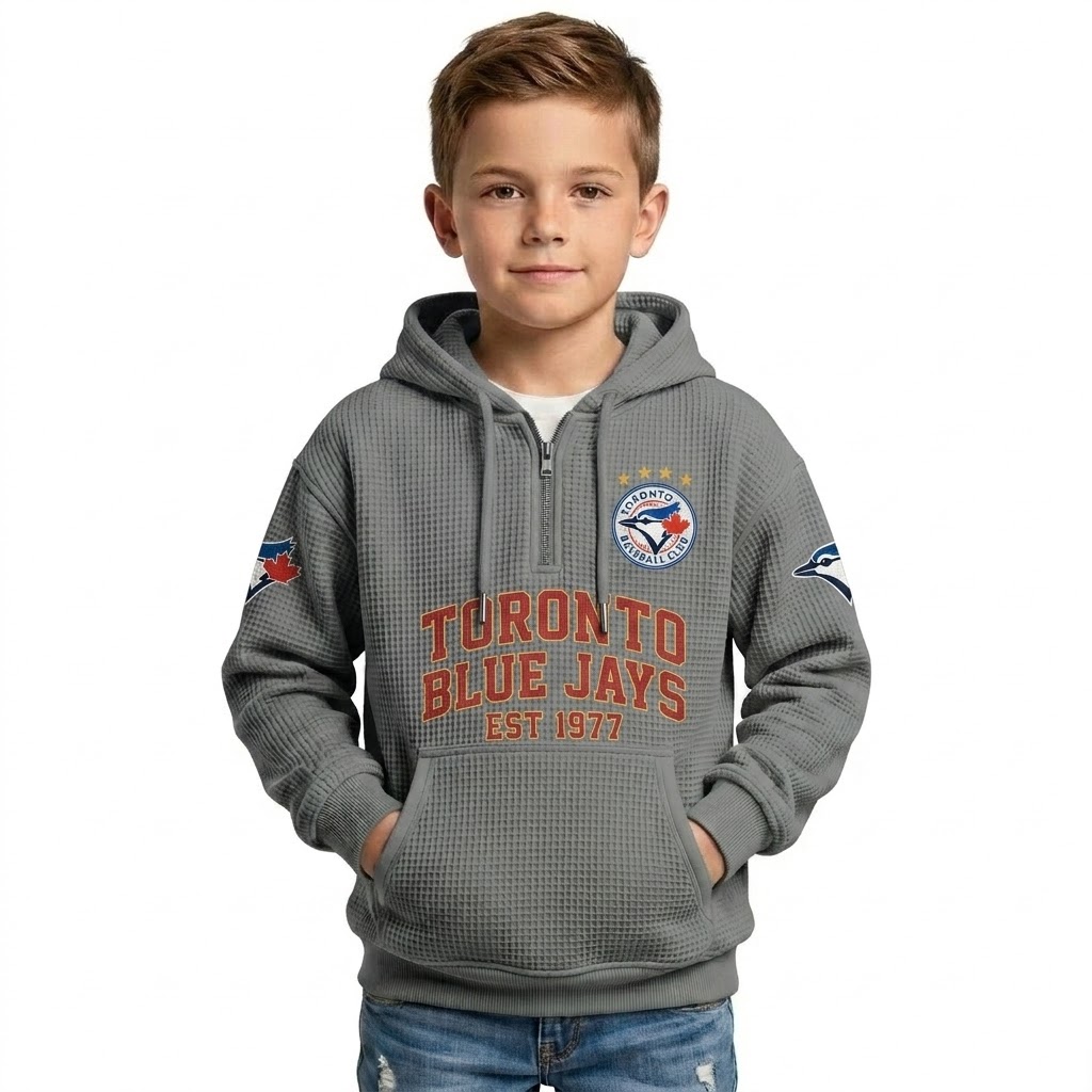Toronto Blue Jays EST 1977 Printed Waffle Quarter Zip Baseball Fan Hoodie For Kids