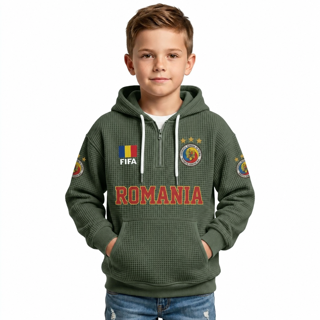 FIFA 2026 Romania Printed Waffle Quarter Zip Football Fan Hoodie For Kids
