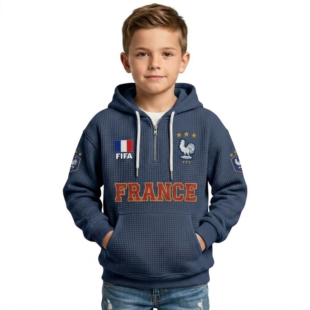 FIFA 2026 France Printed Waffle Quarter Zip Football Fan Hoodie For Kids